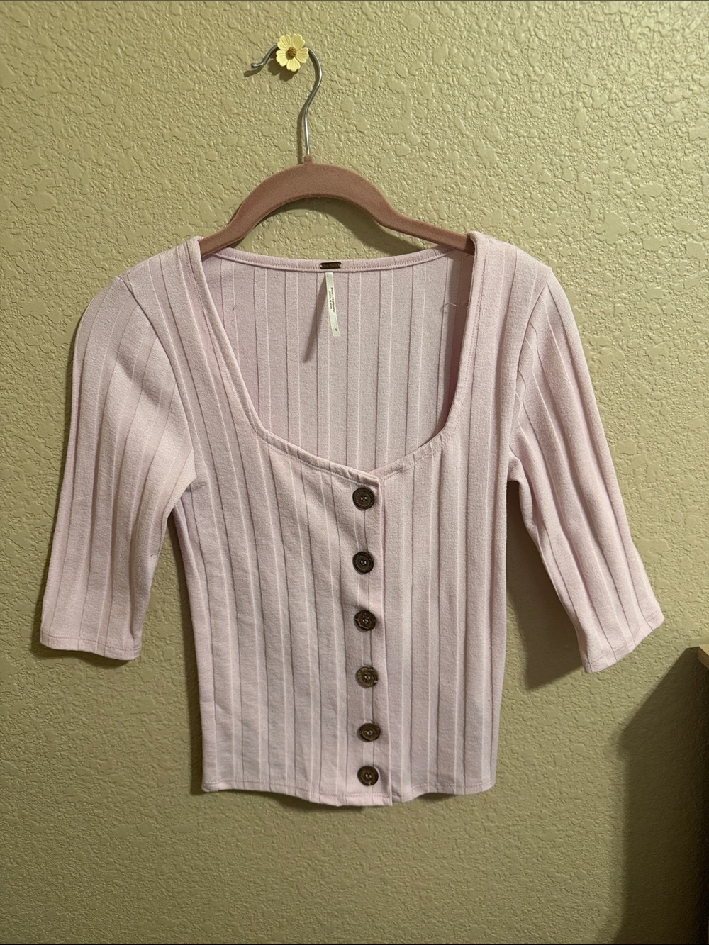 Free People Light Pink Ribbed Button-Front Crop Top